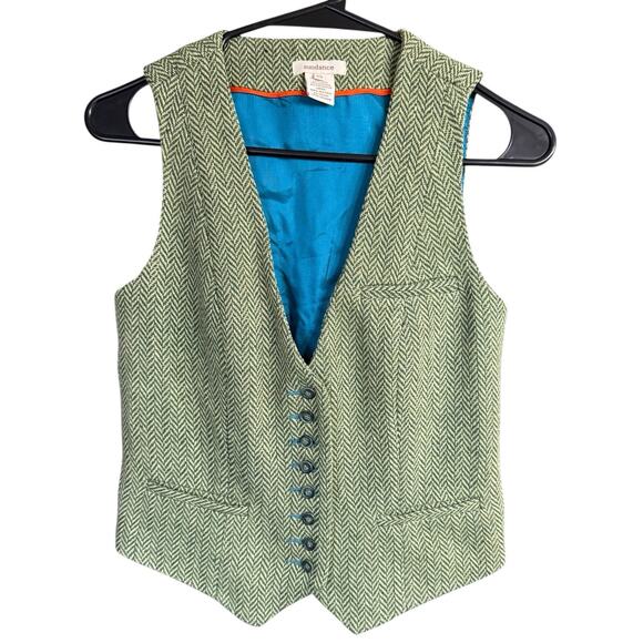 Sundance Wool Blend Vest Women's Herringbone Tweed XS Green Academia Preppy Prep - Picture 1 of 7